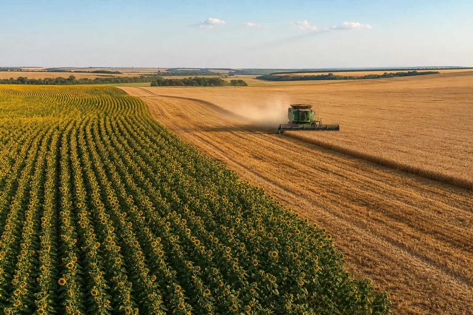 Sunflower and wheat fields at an agricultural origin