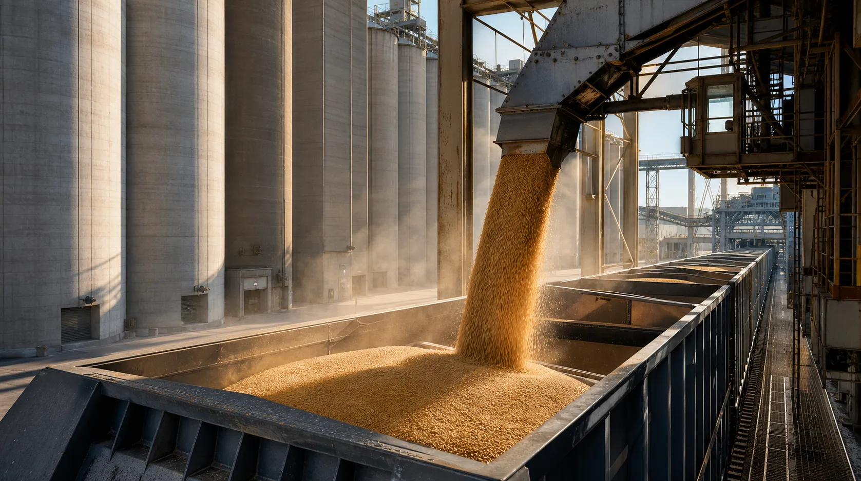 Grain loading into a rail hopper at a storage terminal