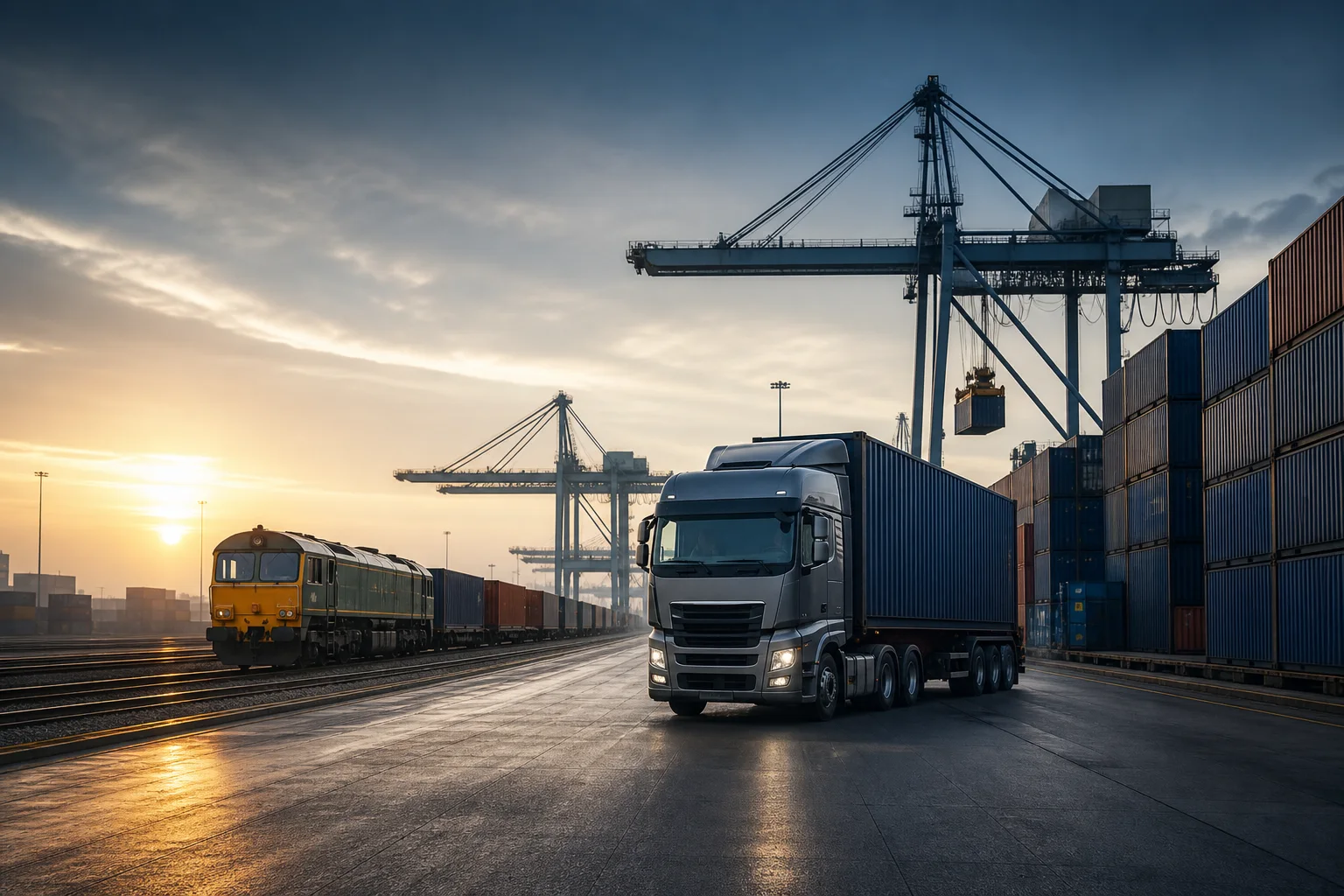 Container ship and freight cranes at an international port